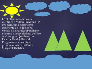 {
En el plano económico, se
identifica a Milton Friedman (1ª
imagen) como el principal
exponente de lo que se ha
venido a llamar neoliberalismo,
mientras que en el plano político
es el antiguo presidente de
Estados Unidos Ronald
Reaganjunto a la antigua
primera ministra británica
Margaret Thatcher.
 