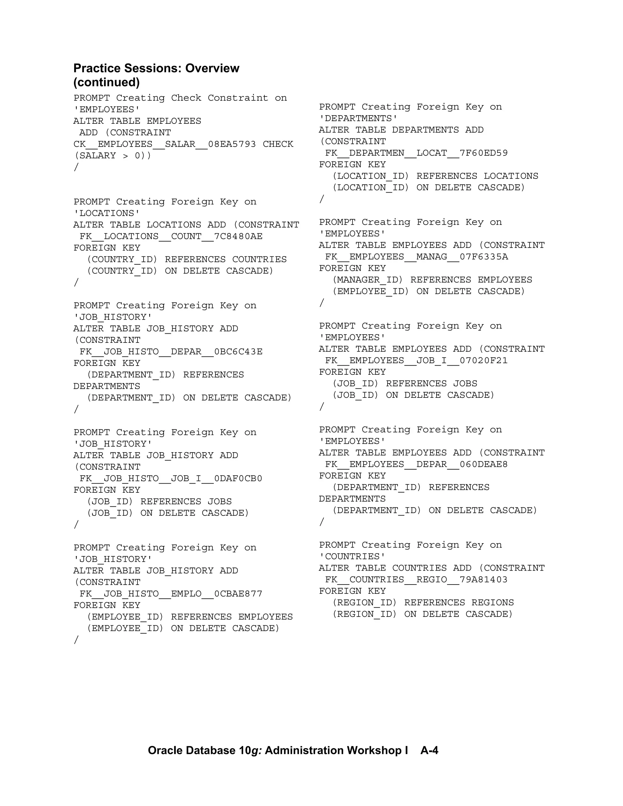 Oracle Database 10g: Administration Workshop I A-4
Practice Sessions: Overview
(continued)
PROMPT Creating Check Constraint on
'EMPLOYEES'
ALTER TABLE EMPLOYEES
ADD (CONSTRAINT
CK__EMPLOYEES__SALAR__08EA5793 CHECK
(SALARY > 0))
/
PROMPT Creating Foreign Key on
'LOCATIONS'
ALTER TABLE LOCATIONS ADD (CONSTRAINT
FK__LOCATIONS__COUNT__7C8480AE
FOREIGN KEY
(COUNTRY_ID) REFERENCES COUNTRIES
(COUNTRY_ID) ON DELETE CASCADE)
/
PROMPT Creating Foreign Key on
'JOB_HISTORY'
ALTER TABLE JOB_HISTORY ADD
(CONSTRAINT
FK__JOB_HISTO__DEPAR__0BC6C43E
FOREIGN KEY
(DEPARTMENT_ID) REFERENCES
DEPARTMENTS
(DEPARTMENT_ID) ON DELETE CASCADE)
/
PROMPT Creating Foreign Key on
'JOB_HISTORY'
ALTER TABLE JOB_HISTORY ADD
(CONSTRAINT
FK__JOB_HISTO__JOB_I__0DAF0CB0
FOREIGN KEY
(JOB_ID) REFERENCES JOBS
(JOB_ID) ON DELETE CASCADE)
/
PROMPT Creating Foreign Key on
'JOB_HISTORY'
ALTER TABLE JOB_HISTORY ADD
(CONSTRAINT
FK__JOB_HISTO__EMPLO__0CBAE877
FOREIGN KEY
(EMPLOYEE_ID) REFERENCES EMPLOYEES
(EMPLOYEE_ID) ON DELETE CASCADE)
/
PROMPT Creating Foreign Key on
'DEPARTMENTS'
ALTER TABLE DEPARTMENTS ADD
(CONSTRAINT
FK__DEPARTMEN__LOCAT__7F60ED59
FOREIGN KEY
(LOCATION_ID) REFERENCES LOCATIONS
(LOCATION_ID) ON DELETE CASCADE)
/
PROMPT Creating Foreign Key on
'EMPLOYEES'
ALTER TABLE EMPLOYEES ADD (CONSTRAINT
FK__EMPLOYEES__MANAG__07F6335A
FOREIGN KEY
(MANAGER_ID) REFERENCES EMPLOYEES
(EMPLOYEE_ID) ON DELETE CASCADE)
/
PROMPT Creating Foreign Key on
'EMPLOYEES'
ALTER TABLE EMPLOYEES ADD (CONSTRAINT
FK__EMPLOYEES__JOB_I__07020F21
FOREIGN KEY
(JOB_ID) REFERENCES JOBS
(JOB_ID) ON DELETE CASCADE)
/
PROMPT Creating Foreign Key on
'EMPLOYEES'
ALTER TABLE EMPLOYEES ADD (CONSTRAINT
FK__EMPLOYEES__DEPAR__060DEAE8
FOREIGN KEY
(DEPARTMENT_ID) REFERENCES
DEPARTMENTS
(DEPARTMENT_ID) ON DELETE CASCADE)
/
PROMPT Creating Foreign Key on
'COUNTRIES'
ALTER TABLE COUNTRIES ADD (CONSTRAINT
FK__COUNTRIES__REGIO__79A81403
FOREIGN KEY
(REGION_ID) REFERENCES REGIONS
(REGION_ID) ON DELETE CASCADE)
 