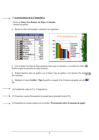 6
13) Características de la 3ª diapositiva:
- Título en Times New Roman, 44, Rojo y Centrado.
- Insertar un gráfico
• Borrar los datos del ejemplo e introducir los siguientes:
• Con el botón Ver hoja de datos podemos hacer que se muestren o se oculten los datos del
Gráfico según necesitemos en cada momento.
• Probad distintos tipos de gráfico con el botón Tipo de gráfico y los botones Por filas y
Por columnas.
• Mediante el menú Gráfico / Tipo de gráfico escoged el de Columna agrupada con efecto
3D.
14) Cambiad de orden la 2ª y 3ª diapositivas.
15) Visualizar vuestra Presentación (se puede hacer pulsando la tecla F5).
16) Guardarla en vuestra carpeta con el nombre ‘Presentación sobre el consumo de papel’.
 