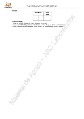 PLAN DE CAPACITACIÓN EN QUÍMICA

RESULTADOS
                                                     Prueba Número            Volumen
                                                                              gastado
                                                            1
                                                            2
                                                            3
PREGUNTAS Y EJERCICIOS
• Verifique que los cálculos efectuados para preparar las soluciones sean correctos.
• Compare la normalidad hallada por titulación con la indicada en la práctica. ¿Por qué son diferentes y cuál es más exacta?
• Compare si el volumen de solución de hidróxido de sodio utilizado es casi igual al volumen de ácido en el erlenmeyer.
 