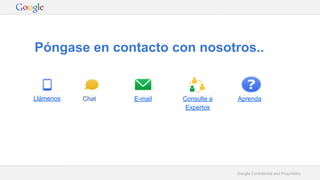 Póngase en contacto con nosotros.. 
Google Confidential and Proprietary 
Llámenos Chat E-mail Consulte a 
Expertos 
Aprenda 
 