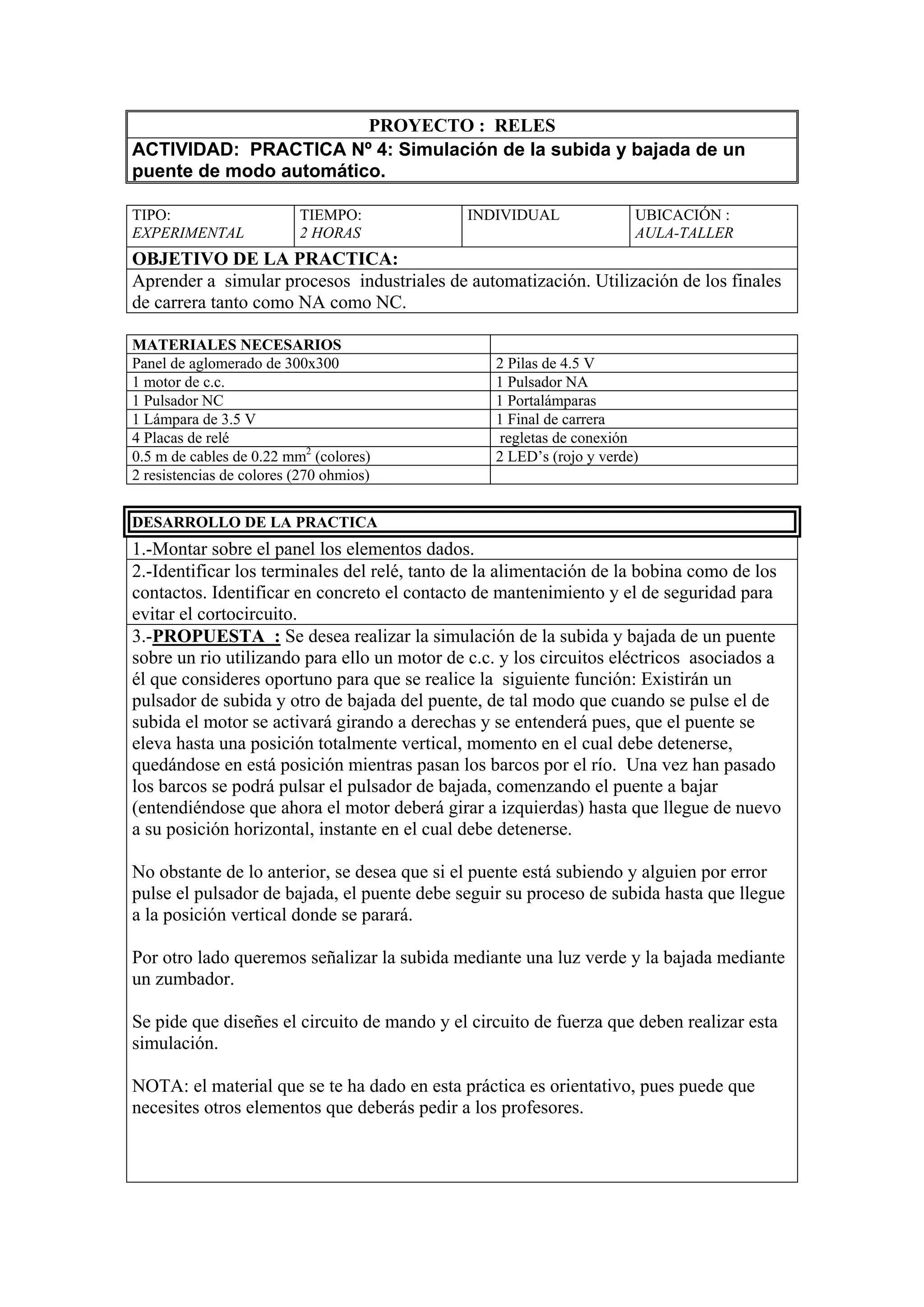 PROYECTO : RELES
ACTIVIDAD: PRACTICA Nº 4: Simulación de la subida y bajada de un
puente de modo automático.

TIPO:                     TIEMPO:            INDIVIDUAL               UBICACIÓN :
EXPERIMENTAL              2 HORAS                                     AULA-TALLER
OBJETIVO DE LA PRACTICA:
Aprender a simular procesos industriales de automatización. Utilización de los finales
de carrera tanto como NA como NC.

MATERIALES NECESARIOS
Panel de aglomerado de 300x300                   2 Pilas de 4.5 V
1 motor de c.c.                                  1 Pulsador NA
1 Pulsador NC                                    1 Portalámparas
1 Lámpara de 3.5 V                               1 Final de carrera
4 Placas de relé                                  regletas de conexión
0.5 m de cables de 0.22 mm2 (colores)            2 LED’s (rojo y verde)
2 resistencias de colores (270 ohmios)


DESARROLLO DE LA PRACTICA
1.-Montar sobre el panel los elementos dados.
2.-Identificar los terminales del relé, tanto de la alimentación de la bobina como de los
contactos. Identificar en concreto el contacto de mantenimiento y el de seguridad para
evitar el cortocircuito.
3.-PROPUESTA : Se desea realizar la simulación de la subida y bajada de un puente
sobre un rio utilizando para ello un motor de c.c. y los circuitos eléctricos asociados a
él que consideres oportuno para que se realice la siguiente función: Existirán un
pulsador de subida y otro de bajada del puente, de tal modo que cuando se pulse el de
subida el motor se activará girando a derechas y se entenderá pues, que el puente se
eleva hasta una posición totalmente vertical, momento en el cual debe detenerse,
quedándose en está posición mientras pasan los barcos por el río. Una vez han pasado
los barcos se podrá pulsar el pulsador de bajada, comenzando el puente a bajar
(entendiéndose que ahora el motor deberá girar a izquierdas) hasta que llegue de nuevo
a su posición horizontal, instante en el cual debe detenerse.

No obstante de lo anterior, se desea que si el puente está subiendo y alguien por error
pulse el pulsador de bajada, el puente debe seguir su proceso de subida hasta que llegue
a la posición vertical donde se parará.

Por otro lado queremos señalizar la subida mediante una luz verde y la bajada mediante
un zumbador.

Se pide que diseñes el circuito de mando y el circuito de fuerza que deben realizar esta
simulación.

NOTA: el material que se te ha dado en esta práctica es orientativo, pues puede que
necesites otros elementos que deberás pedir a los profesores.
 