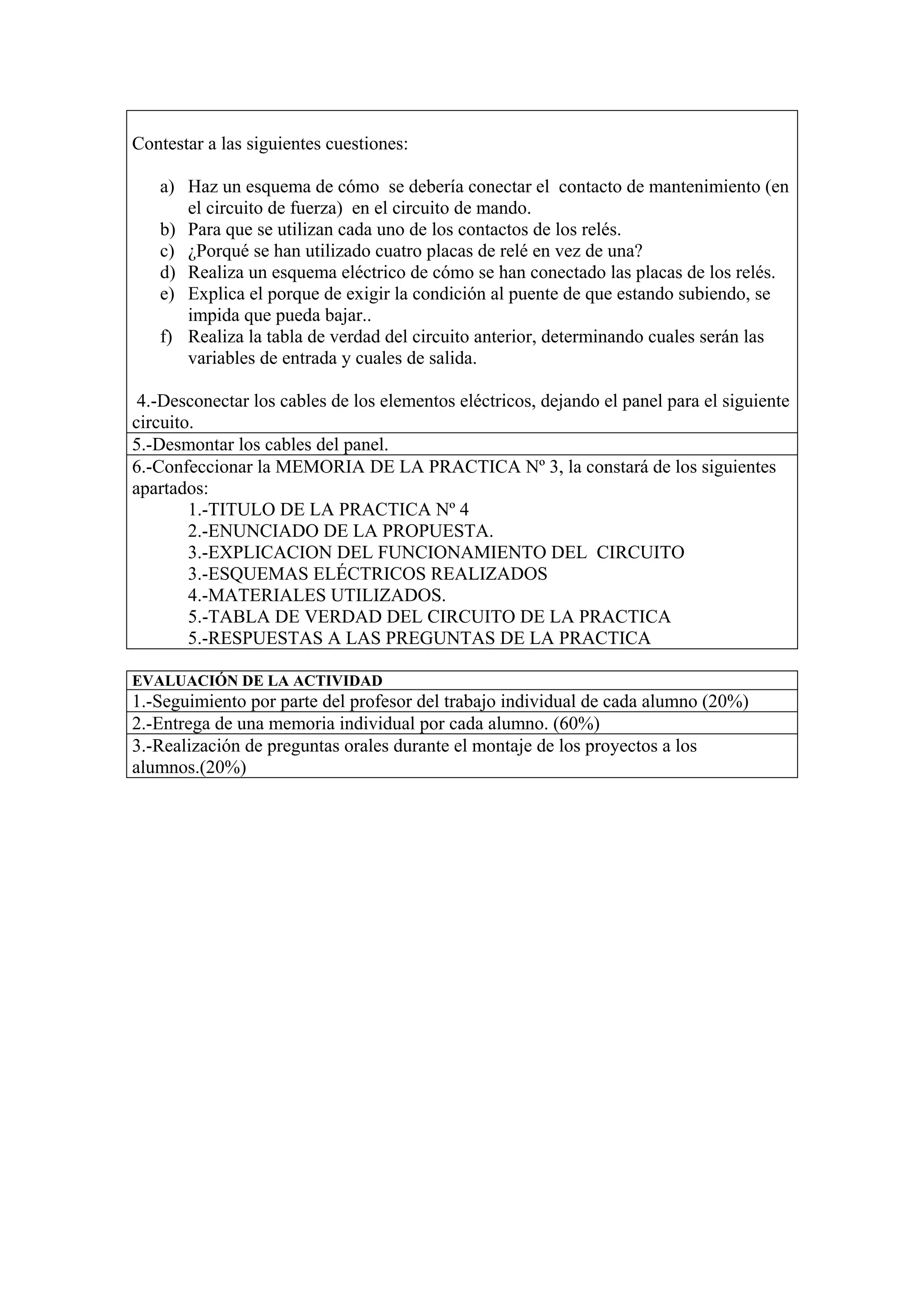 Contestar a las siguientes cuestiones:

   a) Haz un esquema de cómo se debería conectar el contacto de mantenimiento (en
      el circuito de fuerza) en el circuito de mando.
   b) Para que se utilizan cada uno de los contactos de los relés.
   c) ¿Porqué se han utilizado cuatro placas de relé en vez de una?
   d) Realiza un esquema eléctrico de cómo se han conectado las placas de los relés.
   e) Explica el porque de exigir la condición al puente de que estando subiendo, se
      impida que pueda bajar..
   f) Realiza la tabla de verdad del circuito anterior, determinando cuales serán las
      variables de entrada y cuales de salida.

 4.-Desconectar los cables de los elementos eléctricos, dejando el panel para el siguiente
circuito.
5.-Desmontar los cables del panel.
6.-Confeccionar la MEMORIA DE LA PRACTICA Nº 3, la constará de los siguientes
apartados:
        1.-TITULO DE LA PRACTICA Nº 4
        2.-ENUNCIADO DE LA PROPUESTA.
        3.-EXPLICACION DEL FUNCIONAMIENTO DEL CIRCUITO
        3.-ESQUEMAS ELÉCTRICOS REALIZADOS
        4.-MATERIALES UTILIZADOS.
        5.-TABLA DE VERDAD DEL CIRCUITO DE LA PRACTICA
        5.-RESPUESTAS A LAS PREGUNTAS DE LA PRACTICA

EVALUACIÓN DE LA ACTIVIDAD
1.-Seguimiento por parte del profesor del trabajo individual de cada alumno (20%)
2.-Entrega de una memoria individual por cada alumno. (60%)
3.-Realización de preguntas orales durante el montaje de los proyectos a los
alumnos.(20%)
 