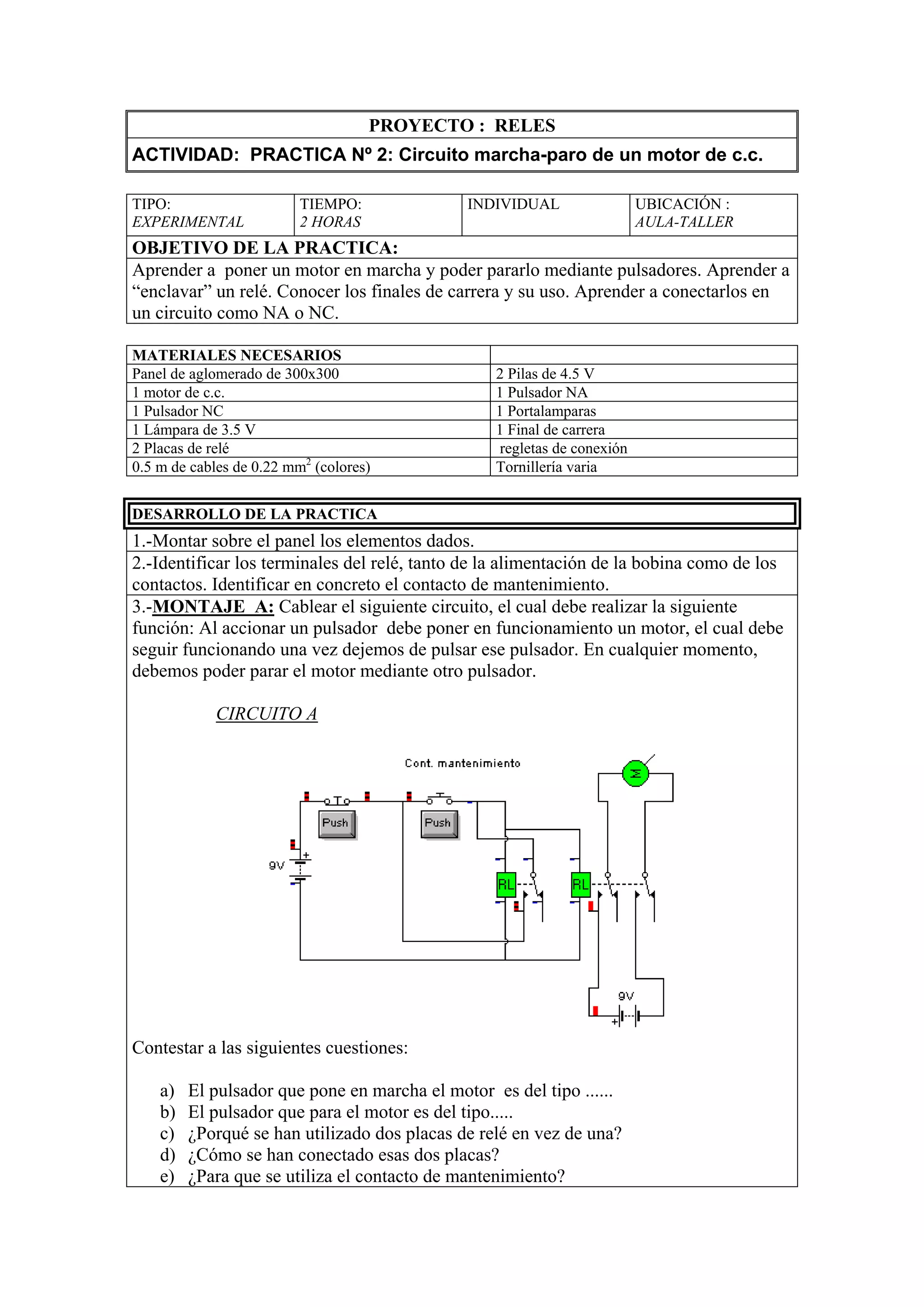PROYECTO : RELES
ACTIVIDAD: PRACTICA Nº 2: Circuito marcha-paro de un motor de c.c.

TIPO:                     TIEMPO:             INDIVIDUAL                  UBICACIÓN :
EXPERIMENTAL              2 HORAS                                         AULA-TALLER
OBJETIVO DE LA PRACTICA:
Aprender a poner un motor en marcha y poder pararlo mediante pulsadores. Aprender a
“enclavar” un relé. Conocer los finales de carrera y su uso. Aprender a conectarlos en
un circuito como NA o NC.

MATERIALES NECESARIOS
Panel de aglomerado de 300x300                    2 Pilas de 4.5 V
1 motor de c.c.                                   1 Pulsador NA
1 Pulsador NC                                     1 Portalamparas
1 Lámpara de 3.5 V                                1 Final de carrera
2 Placas de relé                                   regletas de conexión
0.5 m de cables de 0.22 mm2 (colores)             Tornillería varia


DESARROLLO DE LA PRACTICA
1.-Montar sobre el panel los elementos dados.
2.-Identificar los terminales del relé, tanto de la alimentación de la bobina como de los
contactos. Identificar en concreto el contacto de mantenimiento.
3.-MONTAJE A: Cablear el siguiente circuito, el cual debe realizar la siguiente
función: Al accionar un pulsador debe poner en funcionamiento un motor, el cual debe
seguir funcionando una vez dejemos de pulsar ese pulsador. En cualquier momento,
debemos poder parar el motor mediante otro pulsador.

             CIRCUITO A




Contestar a las siguientes cuestiones:

    a)   El pulsador que pone en marcha el motor es del tipo ......
    b)   El pulsador que para el motor es del tipo.....
    c)   ¿Porqué se han utilizado dos placas de relé en vez de una?
    d)   ¿Cómo se han conectado esas dos placas?
    e)   ¿Para que se utiliza el contacto de mantenimiento?
 