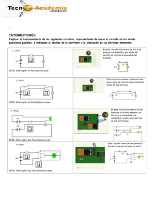 .<br />INTERRUPTORES<br />Explicar el funcionamiento de los siguientes circuitos, representando de nuevo el circuito en las demás posiciones posibles, e indicando el sentido de la corriente y la simulación de los distintos elementos.<br /> UPUD: Interruptor Un Polo Una Dirección1896110643890-4508577470En este circuito una bateria de 9 V le da energia a un bombillo y por medio del switche se controla el encendido del bombillo.UPDD: Interruptor Un Polo Dos Direcciones95885540385Este circuito es similar al anterior solo que en este se controla el encendido por medio de dos switches.-3810-285750DPDD: Interruptor Dos Polos Una Dirección-4508559690En este circuito por medio de dos baterias se le envia energia a un buzzer y a un bombillo y se controla por medio de un switche de dos dirreciones. DPDD: Interruptor Dos Polos Dos Direcciones17145-1587Este circuito consta de una batería y dos switches que accionan un motor.NA: Pulsador Normalmente Abierto1967865478155171451905Este circuito trae un motor que es accionado por un pulsador normalmente abierto.NC: Pulsador Normalmente cerrado194373544386520003953 Este circuito es muy similar solo que este trae un interruptor normalmente cerrado y en vez de un motor una bombilla.<br />DIODOS<br />En el siguiente circuito coloca cuatro LEDs de manera que sólo se iluminen los que están en las posiciones L1 y L4.  Datos técnicos V =5 V y R= 220 SOLUCIÓN¿Qué ocurre con los LED L2 y L3? ¿Cómo hemos colocado sus polaridades? Pon la fuente a 9 V ¿Qué sucede?Si disminuyo el valor de la resistencia ¿Qué ocurre? Si aumento el valor de la resistencia ¿Qué ocurre? Dado el siguiente circuito, ¿dónde colocarías de diodo D para que al pulsar P1 se ilumine L1 y al pulsar P2 se iluminen los dos LED? Justifica tu respuestaRepresenta el circuito con P1 pulsadoRepresenta el circuito con P2 pulsado<br />POTENCIOMETROSCircuito A Este circuito contiene una resistencia variable o potenciómetro1.- ¿Qué sucede si la resistencia aumenta? ¿Cuál es el valor de la Resistencia en este caso?Cuando la resistencia aumenta la intensidad de luz de la lámpara baja. En este caso la resistencia esta en 225 Ω (debido a que en el programa no se puede seleccionar 220 Ω) y a la lámpara no le llega casi corriente y por lo tanto la intensidad de luz es muy baja y la lámpara se ve apagada2.- ¿Cuál es en este caso el valor de la intensidad de corriente en el circuito? 18.5 mA3.- ¿Qué sucede si la resistencia disminuye? ¿Cuál es el valor de la Resistencia en este caso? Si la resistencia disminuye la intensidad de luz de la lámpara aumenta en este caso la resistencia esta en 50 Ω4.- ¿Cuál es en este caso el valor de la intensidad de corriente en el circuito? 40.0 mA5.-¿Qué conclusión sacas sobre el funcionamiento de una resistencia variable o potenciómetro?-llegamos a la conclusión de que según el nivel de la resistencia la intensidad de corriente que es menor o mayor cuando la resistencia sube la intensidad baja y cuando la resistencia baja la intensidad subeCircuito B Este circuito contiene una resistencia variable con la luz o LDR6.- ¿Qué sucede si aumenta la luz que incide sobre la resistencia? ¿Cuál es el valor de la Resistencia en este caso?Cuando la luz aumenta la resistencia disminuye. En este caso la resistencia esta en 400 Ω7.- ¿Cuál es en este caso el valor de la intensidad de corriente en el circuito? 19.7 mA8.- ¿Qué sucede si disminuye la luz que incide sobre la resistencia? ¿Cuál es el valor de la Resistencia en este caso? Cuando la luz disminuye la resistencia también  9.- ¿Cuál es en este caso el valor de la intensidad de corriente en el circuito?10.-¿Qué conclusión sacas sobre el funcionamiento de una resistencia variable con la luz o LDR Circuito C Este circuito contiene una resistencia variable con la temperatura, termistor -t o NTC11.- ¿Qué sucede si disminuye la temperatura en el termistor? ¿Cuál es el valor de la Resistencia en este caso?12.- ¿Cuál es en este caso el valor de la intensidad de corriente en el circuito?13.- ¿Qué sucede si aumenta la temperatura en el termistor? ¿Cuál es el valor de la Resistencia en este caso?14.- ¿Cuál es en este caso el valor de la intensidad de corriente en el circuito?15.-¿Qué conclusión sacas sobre el funcionamiento de una resistencia variable con la temperatura, termistor -t o NTC<br />RELÉ<br />CIRCUITO DE INVERSIÓN DE GIRO DE UN MOTOR MEDIANTE RELÉPOSICIÓN 1: Explica qué sucede y representa el circuito con las flechas de corriente cuando:-Interruptor 1 abierto-Interruptor 2 cerradoPOSICIÓN 2: Explica qué sucede y representa el circuito con las flechas de corriente cuando:-Interruptor 1 cerrado-Interruptor 2 cerrado<br />