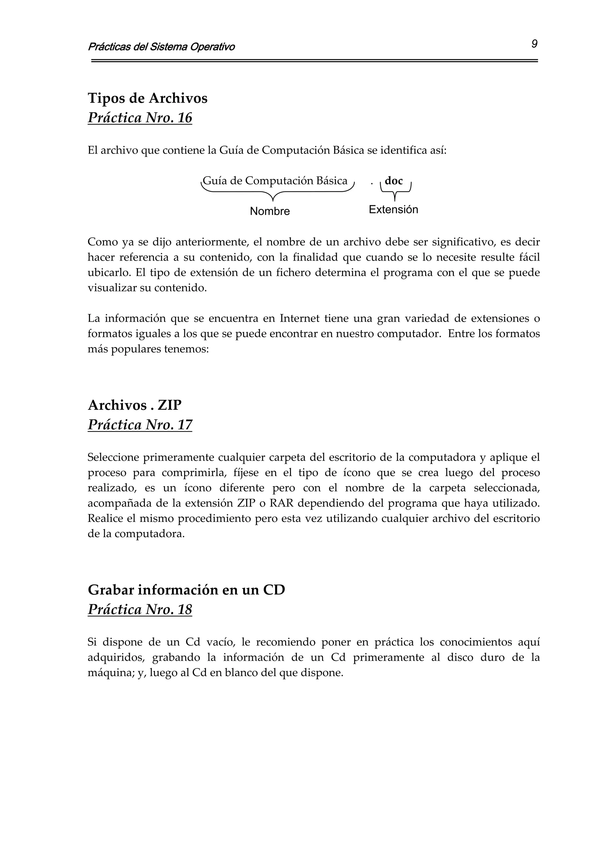 Prácticas del Sistema Operativo                                                                      9



Tipos de Archivos 
Práctica Nro. 16 
 
El archivo que contiene la Guía de Computación Básica se identifica así: 
 
                            Guía de Computación Básica        .    doc 
 
                                     Nombre                     Extensión
 
Como  ya  se  dijo  anteriormente,  el  nombre  de  un  archivo  debe  ser  significativo,  es  decir 
hacer  referencia  a  su  contenido,  con  la  finalidad  que  cuando  se  lo  necesite  resulte  fácil 
ubicarlo.  El  tipo  de  extensión  de  un  fichero  determina  el  programa  con  el  que  se  puede 
visualizar su contenido. 
 
La  información  que  se  encuentra  en  Internet  tiene  una  gran  variedad  de  extensiones  o 
formatos iguales a los que se puede encontrar en nuestro computador.  Entre los formatos 
más populares tenemos: 
 
 
Archivos . ZIP 
Práctica Nro. 17 
 
Seleccione primeramente cualquier carpeta del escritorio de la computadora y aplique el 
proceso  para  comprimirla,  fíjese  en  el  tipo  de  ícono  que  se  crea  luego  del  proceso 
realizado,  es  un  ícono  diferente  pero  con  el  nombre  de  la  carpeta  seleccionada, 
acompañada  de  la  extensión  ZIP  o  RAR  dependiendo  del  programa  que  haya  utilizado.  
Realice el mismo procedimiento pero esta vez utilizando cualquier archivo del escritorio 
de la computadora. 
 
 
Grabar información en un CD 
Práctica Nro. 18 
 
Si  dispone  de  un  Cd  vacío,  le  recomiendo  poner  en  práctica  los  conocimientos  aquí 
adquiridos,  grabando  la  información  de  un  Cd  primeramente  al  disco  duro  de  la 
máquina; y, luego al Cd en blanco del que dispone. 
 
 
 
 
 
 
 