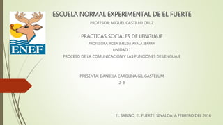 ESCUELA NORMAL EXPERIMENTAL DE EL FUERTE
PROFESOR: MIGUEL CASTILLO CRUZ
PRACTICAS SOCIALES DE LENGUAJE
PROFESORA: ROSA IMELDA AYALA IBARRA
UNIDAD 1
PROCESO DE LA COMUNICACIÓN Y LAS FUNCIONES DE LENGUAJE
PRESENTA: DANIIELA CAROLINA GIL GASTELUM
2-B
EL SABINO, EL FUERTE, SINALOA; A FEBRERO DEL 2016
 