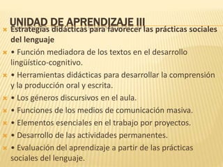 UNIDAD DE APRENDIZAJE III
 Estrategias didácticas para favorecer las prácticas sociales
del lenguaje
 • Función mediadora de los textos en el desarrollo
lingüístico-cognitivo.
 • Herramientas didácticas para desarrollar la comprensión
y la producción oral y escrita.
 • Los géneros discursivos en el aula.
 • Funciones de los medios de comunicación masiva.
 • Elementos esenciales en el trabajo por proyectos.
 • Desarrollo de las actividades permanentes.
 • Evaluación del aprendizaje a partir de las prácticas
sociales del lenguaje.
 