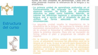 Estructura
del curso
divide en tres unidades de aprendizaje. Cada una de
ellas pretende mostrar la relevancia de la lengua y su
enseñanza.
 