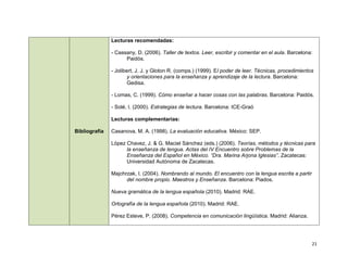 Lecturas recomendadas:

               - Cassany, D. (2006). Taller de textos. Leer, escribir y comentar en el aula. Barcelona:
                     Paidós.

               - Jolibert, J. J. y Gloton R. (comps.) (1999). El poder de leer. Técnicas, procedimientos
                       y orientaciones para la enseñanza y aprendizaje de la lectura. Barcelona:
                       Gedisa.

               - Lomas, C. (1999). Cómo enseñar a hacer cosas con las palabras. Barcelona: Paidós.

               - Solé, I. (2000). Estrategias de lectura. Barcelona: ICE-Graó

               Lecturas complementarias:

Bibliografía   Casanova, M. A. (1998). La evaluación educativa. México: SEP.

               López Chavez, J. & G. Maciel Sánchez (eds.) (2006). Teorías, métodos y técnicas para
                     la enseñanza de lengua. Actas del IV Encuentro sobre Problemas de la
                     Enseñanza del Español en México. “Dra. Marina Arjona Iglesias”. Zacatecas:
                     Universidad Autónoma de Zacatecas.

               Majchrzak, I. (2004). Nombrando al mundo. El encuentro con la lengua escrita a partir
                     del nombre propio. Maestros y Enseñanza. Barcelona: Piados.

               Nueva gramática de la lengua española (2010). Madrid: RAE.

               Ortografía de la lengua española (2010). Madrid: RAE.

               Pérez Esteve, P. (2008). Competencia en comunicación lingüística. Madrid: Alianza.




                                                                                                       21
 