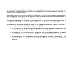 La naturaleza del curso pone énfasis en el trabajo por proyectos didácticos, por lo que los exámenes relacionados
con definiciones, conceptos o datos técnicos tendrán un papel secundario. El docente debe seguir el proceso y el
progreso de los productos (portafolio).

La evaluación proporciona información al docente y al estudiante: al docente, en cuanto al grado de avance que se
tiene en las diversas etapas del proceso de enseñanza-aprendizaje; al estudiante, en tanto le permite identificar lo
aprendido al final de cada proyecto, unidad temática o curso escolar.

La evaluación debe basarse en la observación del desempeño de los estudiantes y el nivel de avance desde el
punto de partida según los tres componentes de las competencias: conceptual, procedimental y actitudinal.

Las evidencias de aprendizaje se deben recuperar en los diversos momentos de la evaluación –diagnóstica,
formativa y sumativa– considerando los diferentes agentes y modalidades:

         La autoevaluación, en la que cada estudiante explica cómo construyó sus aprendizajes y muestra sus
          evidencias cotejándolas con los aprendizajes esperados que plantea el programa.

         La coevaluación, en la que el colectivo en el aula expresa cómo percibe la transformación de los saberes
          de cada estudiante y cómo sus aportaciones contribuyen a la construcción de su propio aprendizaje.

         La heteroevaluación, en la que el docente valora –con las evidencias contenidas en los portafolios y con
          instrumentos objetivos– el aprendizaje de cada estudiante, en función de los aprendizajes esperados en el
          programa.




                                                                                                                       8
 