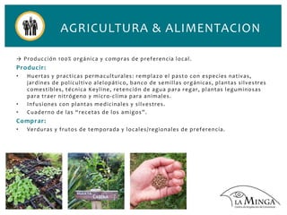 AGRICULTURA & ALIMENTACION
→ Producción 100% orgánica y compras de preferencia local.
Producir:
• Huertas y practicas perm...