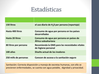 Estadísticas
150 litros el uso diario de H20 por persona (reportaje)
Hasta 400 litros Consumo de agua por persona en los países
desarrollados
Hasta 20 litros Consumo de agua por persona en países de
África subsahariana
80 litros por persona Recomienda la OMS para las necesidades vitales
de higiene personal
100 años Diseño actual de los inodoros
250 mills de personas Carecen de acceso a la sanitación segura
Sanitación: Correcta disposición y manejo de excretas humanas, con ello se
previenen enfermedades, se cuenta con agua potable, dignidad y privacidad.
 