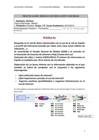 EDUCACIÓN Y SOCIEDAD 2º B EDUCACIÓN PRIMARIA BEATRIZ GARCÍA BERMÚDEZ
2
Práctica 1a:
Búsqueda en la red de datos relacionados con el uso de la red en España
y el perfil del internauta (estudio por edad, sexo, clase social, hábitos de
utilización,...).
Se recomienda el Estudio General de Medios (EGM) y la consulta en
la Asociación de Usuarios de Internet y http://www.aimc.es/
Visionado del vídeo / noticia (18/01/2011): El número de internautas en
España se multiplica por 10 en menos de una década.
Elaboración de un breve informe con la información obtenida en el que
también se habrá de completar con la respuesta a los siguientes
interrogantes:
 ¿Qué utilización haces de internet?
 ¿Qué importancia concedes al uso de internet?
 Aspectos positivos (posibilidades) y negativos (limitaciones) en el
uso de internet.
En estos gráficos se puede observar la diferencia del uso de internet según el sexo, la edad y la
clase social:
PRÁCTICAS DEL MÓDULO I DE EDUCACIÓN Y SOCIEDAD
- Apellidos, Nombre:
García Bermúdez. Beatriz
- Titulación: Primaria Grupo: 2ºB Curso Académico: 2014/2015
Autoevaluación Práctica I - Puntuación: ___________ ( 0,1 - 0,2 - 0,3... 0,75 ptos. según
corresponda)
 