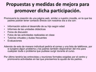 Propuestas y medidas de mejora para
promover dicha participación.
Promovería la creación de una página web, similar a nuestro moodle, en la que los
padres podrán tener contacto directo con nosotros día a día con:
• Información sobre el desarrollo de su hijo según edad
• Informes de las unidades didácticas
• Foros de discusión
• Fotos de las actividades realizadas en clase
• Tutorías virtuales y dudas frecuentes
• Evaluaciones
Además de esto de manera individual pediría el correo y una lista de teléfonos, por
si surgiera algún problema y los padres también dispondrían del mío para
cualquier duda o problema que pudiese surgir durante el curso.
Por último tendría las entrevistas y reuniones formales exigidas por el centro y
promovería actividades en las que precisemos la ayuda de los padres.
 