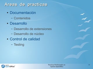Practicas Profesionales en
Apache OpenOffice
11
Areas de practicasAreas de practicas
● Documentación
– Contenidos
● Desarrollo
– Desarrollo de extensiones
– Desarrollo de núcleo
● Control de calidad
– Testing
 