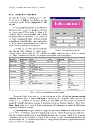 Practique Visual Basic 6.0 como si estuviera en Primero                                                página 13



1.6.4   Ejemplo 1.4: Colores RGB
La Figura 1.5 muestra el formulario y los contro-
les del proyecto Colores. Los ficheros de este
proyecto se pueden llamar Colores.vbp y Colo-
res.frm.
      En este ejemplo se dispone de tres barras de
desplazamiento con las que pueden controlarse
las componentes RGB del color del fondo y del
color del texto de un control label. Dos botones
de opción permiten determinar si los valores de
las barras se aplican al fondo o al texto. Cuando
se cambia del texto al fondo o viceversa los valo-
res de las barras de desplazamiento (y la posición
de los cursores) cambian de modo acorde.
      A la dcha. de las barras de desplazamiento
                                                               Figura 1.5. Colores de fondo y de texto.
tres cajas de texto contienen los valores numé-
ricos de los tres colores (entre 0 y 255). A la izda. tres labels indican los colores de las tres barras.
La Tabla 1.5 muestra los controles y las propiedades utilizadas en el este ejemplo.

 Control        Propiedad     Valor                       Control       Propiedad      Valor
 frmColores     Name          frmColores                  hsbColor      Name           hsbColor
                Caption       Colores                                   Min            0
 lblCuadro      Name          lblCuadro                                 Max            255
                Caption       INFORMÁTICA 1                             SmallChange    1
                Font          MS Sans Serif, Bold, 24                   LargeChange    16
 cmdSalir       Name          cmdSalir                                  Index          0,1,2
                Caption       Salir                                     Value          0
                Font          MS Sans Serif, Bold, 10     txtColor      Name           txtColor
 optColor       Name          optColor                                  Text           0
                Index         0,1                                       Locked         True
                Caption       Fondo, Texto                              Index          0,1,2
                Font          MS Sans Serif, Bold, 10     lblColor      Name           lblColor
                                                                        Caption        Rojo,Verde,Azul
                                                                        Index          0,1,2
                                                                        Font           MS Sans Serif, 10
                               Tabla 1.5. Objetos y propiedades del ejemplo Colores.

      Una característica importante de este ejemplo es que se han utilizado vectores (arrays) de
controles. Las tres barras se llaman hsbColor y se diferencian por la propiedad Index, que toma los
valores 0, 1 y 2. También las tres cajas de texto, las tres labels y los dos botones de opción son
arrays de controles. Para crear un array de controles basta crear el primero de ellos y luego hacer
Copy y Paste tantas veces como se desee, respondiendo afirmativamente al cuadro de diálogo que
pregunta si desea crear un array.
      El procedimiento Sub que contiene el código que gestiona un evento de un array es único para
todo el array, y recibe como argumento la propiedad Index. De este modo que se puede saber exac-
tamente en qué control del array se ha producido el evento. Así pues, una ventaja de los arrays de
controles es que pueden compartir el código de los eventos y permitir un tratamiento conjunto por
medio de bucles for. A continuación se muestra el código correspondiente a los procedimientos que
tratan los eventos de este ejemplo.
 