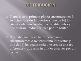 DISTRIBUCIÓN Planta1: en la primera planta encontraremos 3 switches (dos de 24 puertos y uno de 16) los cuales cada uno creada una red diferentes y que estarán unidos a su vez por un router.Resto de Plantas: en la primera planta encontraremos 2 switches (uno 24 puertos y uno de 16) los cuales cada uno creada una red diferentes y que estarán unidos a su vez por un router.