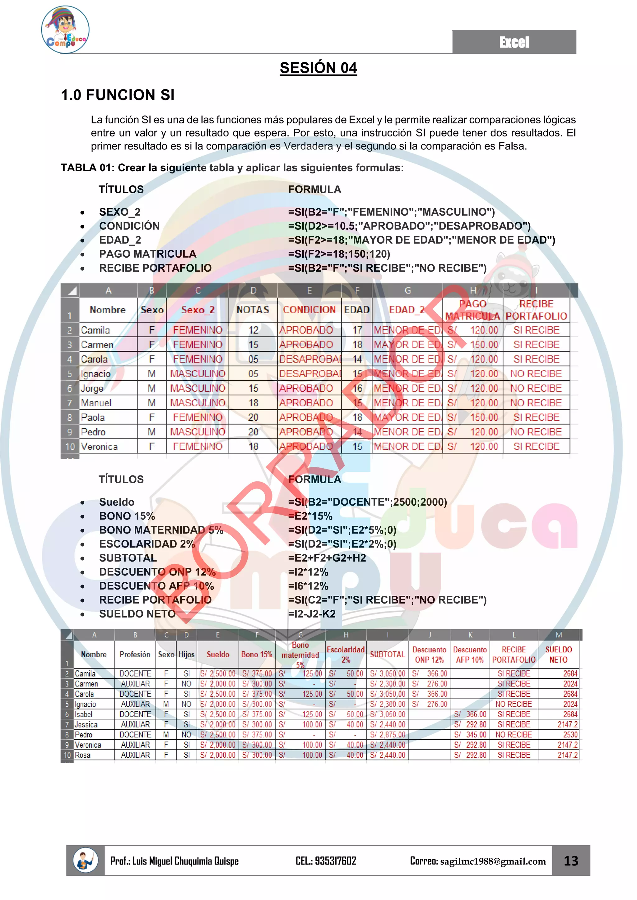 Excel
Prof.: Luis Miguel Chuquimia Quispe CEL.: 935317602 Correo: sagilmc1988@gmail.com 13
SESIÓN 04
1.0 FUNCION SI
La función SI es una de las funciones más populares de Excel y le permite realizar comparaciones lógicas
entre un valor y un resultado que espera. Por esto, una instrucción SI puede tener dos resultados. El
primer resultado es si la comparación es Verdadera y el segundo si la comparación es Falsa.
TABLA 01: Crear la siguiente tabla y aplicar las siguientes formulas:
TÍTULOS FORMULA
• SEXO_2 =SI(B2="F";"FEMENINO";"MASCULINO")
• CONDICIÓN =SI(D2>=10.5;"APROBADO";"DESAPROBADO")
• EDAD_2 =SI(F2>=18;"MAYOR DE EDAD";"MENOR DE EDAD")
• PAGO MATRICULA =SI(F2>=18;150;120)
• RECIBE PORTAFOLIO =SI(B2="F";"SI RECIBE";"NO RECIBE")
TÍTULOS FORMULA
• Sueldo =SI(B2="DOCENTE";2500;2000)
• BONO 15% =E2*15%
• BONO MATERNIDAD 5% =SI(D2="SI";E2*5%;0)
• ESCOLARIDAD 2% =SI(D2="SI";E2*2%;0)
• SUBTOTAL =E2+F2+G2+H2
• DESCUENTO ONP 12% =I2*12%
• DESCUENTO AFP 10% =I6*12%
• RECIBE PORTAFOLIO =SI(C2="F";"SI RECIBE";"NO RECIBE")
• SUELDO NETO =I2-J2-K2
B
O
R
R
A
D
O
R
 