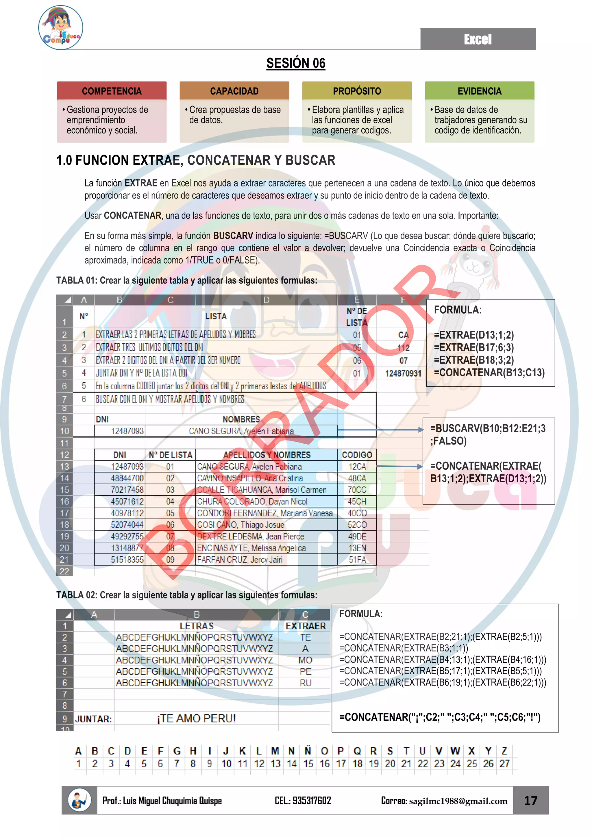 Excel
Prof.: Luis Miguel Chuquimia Quispe CEL.: 935317602 Correo: sagilmc1988@gmail.com 17
SESIÓN 06
1.0 FUNCION EXTRAE, CONCATENAR Y BUSCAR
La función EXTRAE en Excel nos ayuda a extraer caracteres que pertenecen a una cadena de texto. Lo único que debemos
proporcionar es el número de caracteres que deseamos extraer y su punto de inicio dentro de la cadena de texto.
Usar CONCATENAR, una de las funciones de texto, para unir dos o más cadenas de texto en una sola. Importante:
En su forma más simple, la función BUSCARV indica lo siguiente: =BUSCARV (Lo que desea buscar; dónde quiere buscarlo;
el número de columna en el rango que contiene el valor a devolver; devuelve una Coincidencia exacta o Coincidencia
aproximada, indicada como 1/TRUE o 0/FALSE).
TABLA 01: Crear la siguiente tabla y aplicar las siguientes formulas:
TABLA 02: Crear la siguiente tabla y aplicar las siguientes formulas:
COMPETENCIA
• Gestiona proyectos de
emprendimiento
económico y social.
CAPACIDAD
• Crea propuestas de base
de datos.
PROPÓSITO
• Elabora plantillas y aplica
las funciones de excel
para generar codigos.
EVIDENCIA
• Base de datos de
trabjadores generando su
codigo de identificación.
FORMULA:
=EXTRAE(D13;1;2)
=EXTRAE(B17;6;3)
=EXTRAE(B18;3;2)
=CONCATENAR(B13;C13)
=BUSCARV(B10;B12:E21;3
;FALSO)
=CONCATENAR(EXTRAE(
B13;1;2);EXTRAE(D13;1;2))
FORMULA:
=CONCATENAR(EXTRAE(B2;21;1);(EXTRAE(B2;5;1)))
=CONCATENAR(EXTRAE(B3;1;1))
=CONCATENAR(EXTRAE(B4;13;1);(EXTRAE(B4;16;1)))
=CONCATENAR(EXTRAE(B5;17;1);(EXTRAE(B5;5;1)))
=CONCATENAR(EXTRAE(B6;19;1);(EXTRAE(B6;22;1)))
=CONCATENAR("¡";C2;" ";C3;C4;" ";C5;C6;"!")
B
O
R
R
A
D
O
R
 