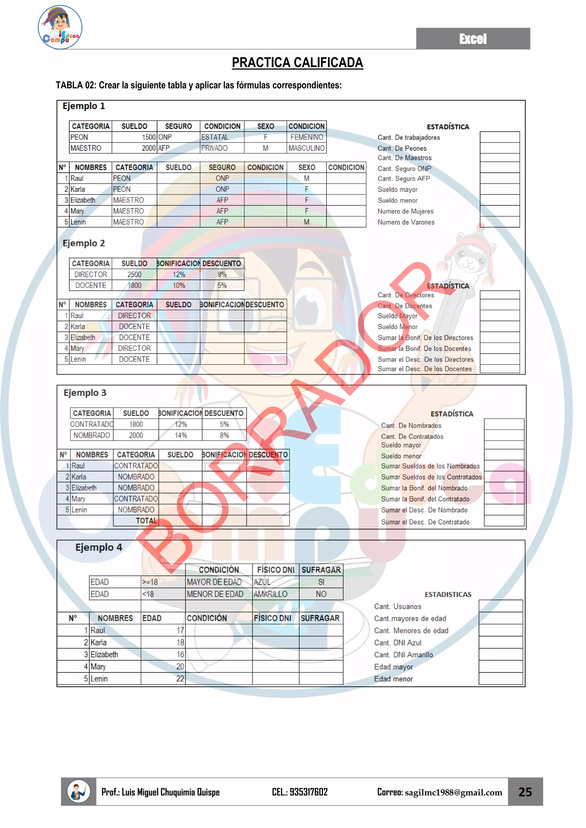 Excel
Prof.: Luis Miguel Chuquimia Quispe CEL.: 935317602 Correo: sagilmc1988@gmail.com 25
PRACTICA CALIFICADA
TABLA 02: Crear la siguiente tabla y aplicar las fórmulas correspondientes:
B
O
R
R
A
D
O
R
 