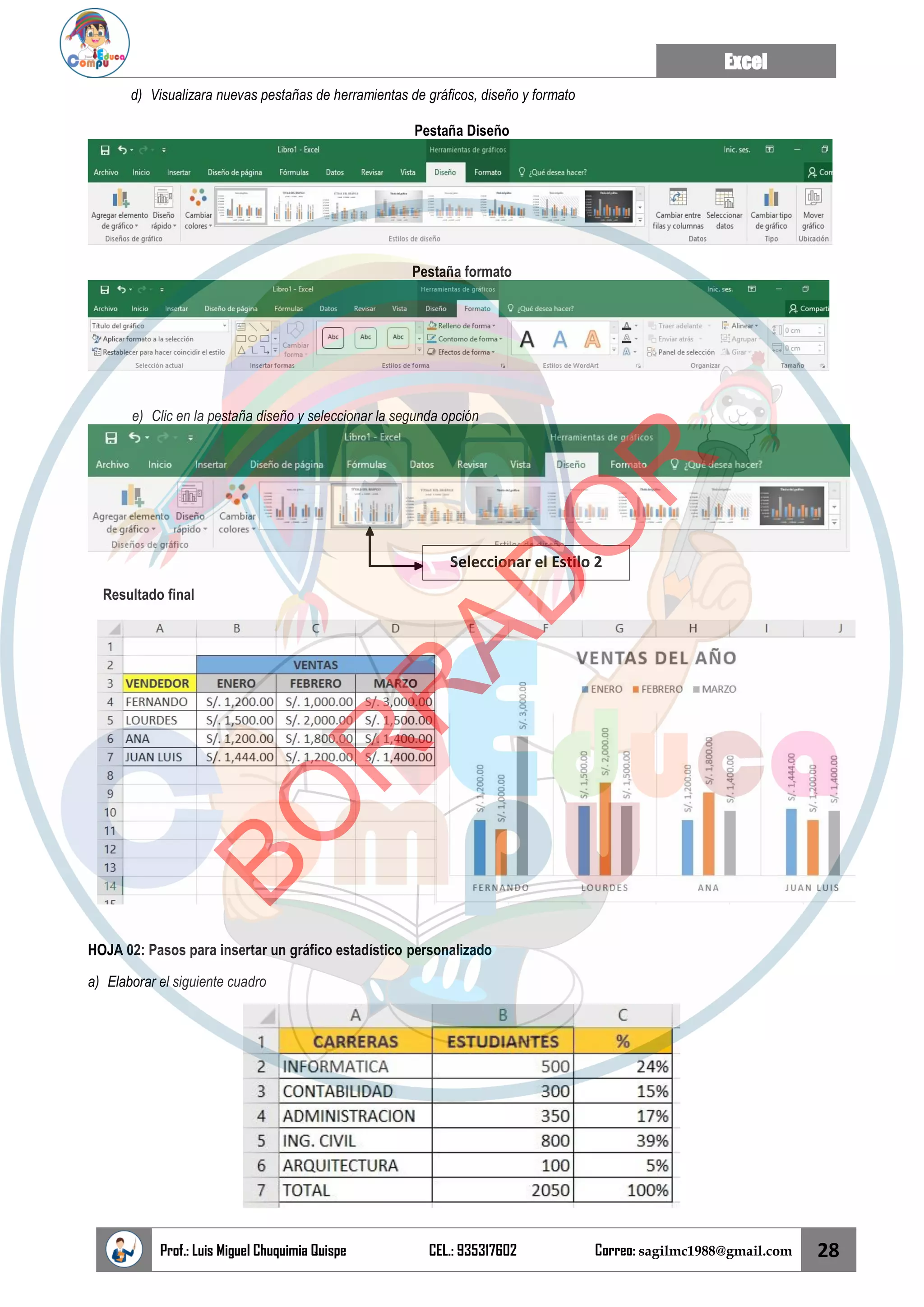 Excel
Prof.: Luis Miguel Chuquimia Quispe CEL.: 935317602 Correo: sagilmc1988@gmail.com 28
d) Visualizara nuevas pestañas de herramientas de gráficos, diseño y formato
Pestaña Diseño
Pestaña formato
e) Clic en la pestaña diseño y seleccionar la segunda opción
Resultado final
HOJA 02: Pasos para insertar un gráfico estadístico personalizado
a) Elaborar el siguiente cuadro
Seleccionar el Estilo 2
B
O
R
R
A
D
O
R
 