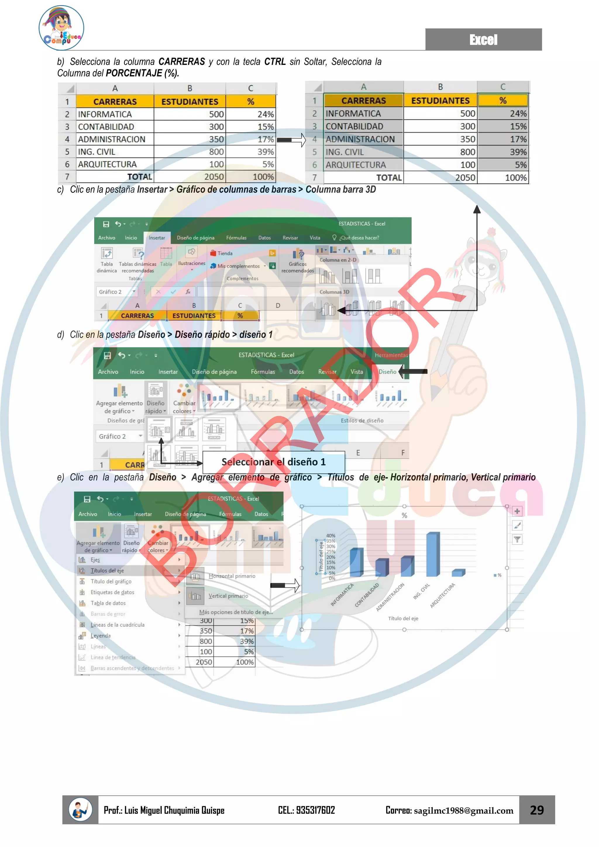 Excel
Prof.: Luis Miguel Chuquimia Quispe CEL.: 935317602 Correo: sagilmc1988@gmail.com 29
Seleccionar el diseño 1
b) Selecciona la columna CARRERAS y con la tecla CTRL sin Soltar, Selecciona la
Columna del PORCENTAJE (%).
c) Clic en la pestaña Insertar > Gráfico de columnas de barras > Columna barra 3D
d) Clic en la pestaña Diseño > Diseño rápido > diseño 1
e) Clic en la pestaña Diseño > Agregar elemento de gráfico > Títulos de eje- Horizontal primario, Vertical primario
B
O
R
R
A
D
O
R
 
