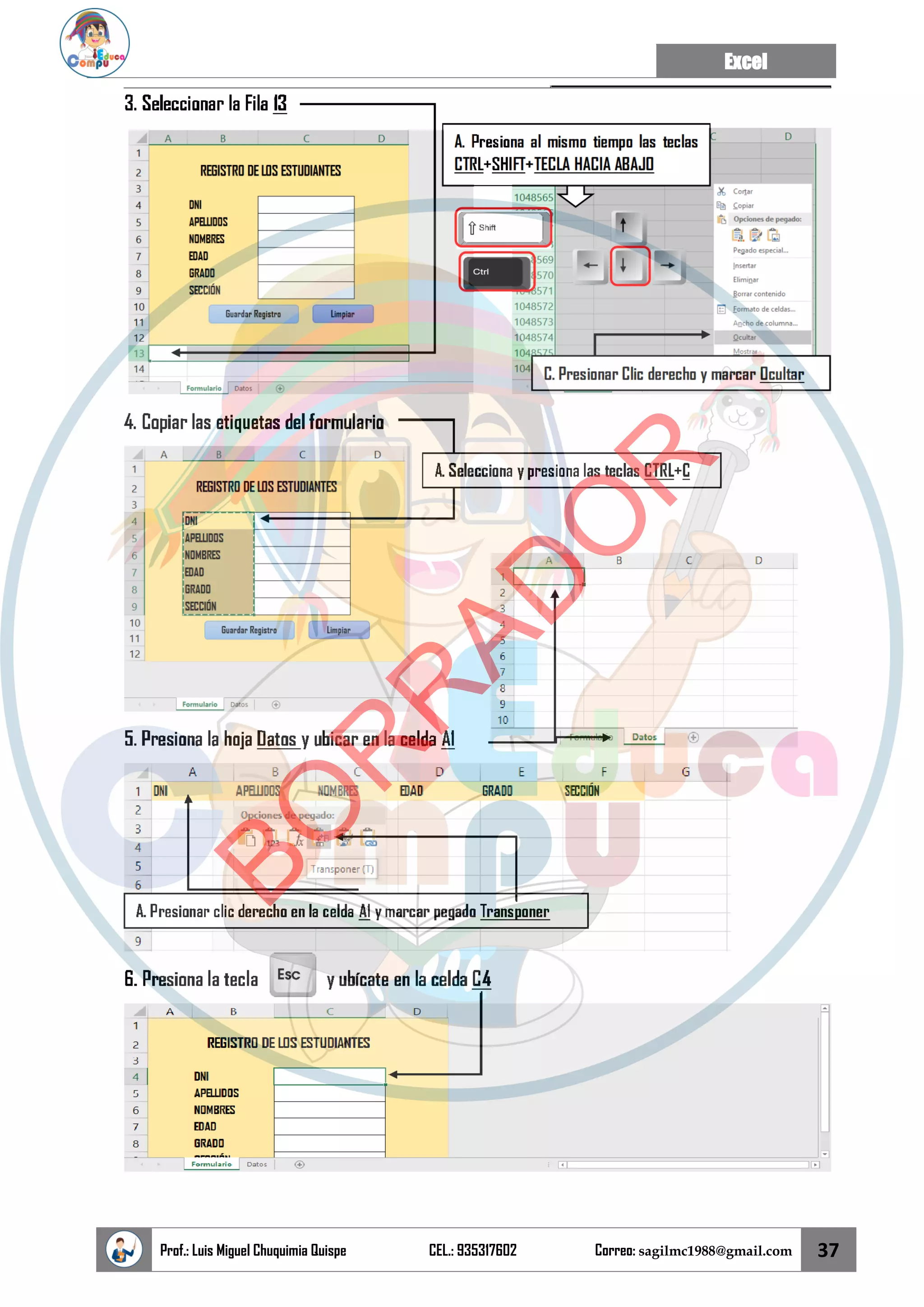 Excel
Prof.: Luis Miguel Chuquimia Quispe CEL.: 935317602 Correo: sagilmc1988@gmail.com 37
B
O
R
R
A
D
O
R
 