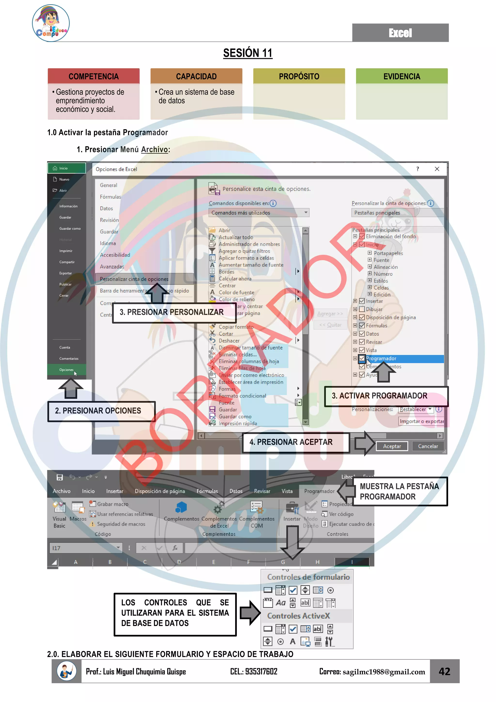 Excel
Prof.: Luis Miguel Chuquimia Quispe CEL.: 935317602 Correo: sagilmc1988@gmail.com 42
SESIÓN 11
1.0 Activar la pestaña Programador
1. Presionar Menú Archivo:
2.0. ELABORAR EL SIGUIENTE FORMULARIO Y ESPACIO DE TRABAJO
COMPETENCIA
• Gestiona proyectos de
emprendimiento
económico y social.
CAPACIDAD
• Crea un sistema de base
de datos
PROPÓSITO EVIDENCIA
2. PRESIONAR OPCIONES
3. PRESIONAR PERSONALIZAR
3. ACTIVAR PROGRAMADOR
4. PRESIONAR ACEPTAR
MUESTRA LA PESTAÑA
PROGRAMADOR
LOS CONTROLES QUE SE
UTILIZARAN PARA EL SISTEMA
DE BASE DE DATOS
B
O
R
R
A
D
O
R
 