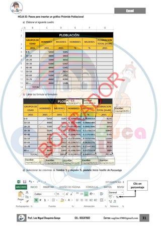 Excel
Prof.: Luis Miguel Chuquimia Quispe CEL.: 935317602 Correo: sagilmc1988@gmail.com 31
HOJA 03: Pasos para insertar un gráfico Pirámide Poblacional
a) Elaborar el siguiente cuadro
b) Llenar las formular al formulario
c) Seleccionar las columnas de hombre % y mujeres %, pestaña Inicio >estilo de Porcentaje
Clic en
porcentaje
B
O
R
R
A
D
O
R
 