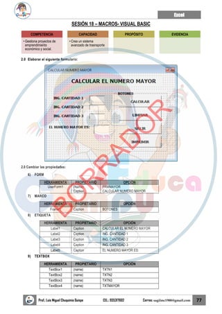 Excel
Prof.: Luis Miguel Chuquimia Quispe CEL.: 935317602 Correo: sagilmc1988@gmail.com 77
SESIÓN 18 – MACROS- VISUAL BASIC
2.0 Elaborar el siguiente formulario:
2.0 Cambiar las propiedades:
6) FORM
HERRAMIENTA PROPIETARIO OPCIÓN
UserForm1 (Name)
Caption
FRMMAYOR
CALCULAR NUMERO MAYOR
7) MARCO
HERRAMIENTA PROPIETARIO OPCIÓN
Frame1 Caption BOTONES
8) ETIQUETA
HERRAMIENTA PROPIETARIO OPCIÓN
Label1 Caption CALCULAR EL NUMERO MAYOR
Label2 Caption ING. CANTIDAD 1
Label3 Caption ING. CANTIDAD 2
Label4 Caption ING. CANTIDAD 3
Label5 Caption EL NUMERO MAYOR ES:
9) TEXTBOX
HERRAMIENTA PROPIETARIO OPCIÓN
TextBox1 (name) TXTN1
TextBox2 (name) TXTN2
TextBox3 (name) TXTN3
TextBox4 (name) TXTMAYOR
COMPETENCIA
• Gestiona proyectos de
emprendimiento
económico y social.
CAPACIDAD
• Crea un sistema
avanzado de trasnsporte
PROPÓSITO EVIDENCIA
B
O
R
R
A
D
O
R
 