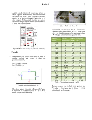 Practica 1                                                        3




-    Análisis con el voltímetro: lo primero que se hace es
     ubicar la perilla del multímetros donde se encuentra
     el símbolo del diodo, luego colocamos la punta
     positiva en un extremo del diodo y la negativa en el
     otro extremo. Si la pantalla registra un cambio
     entonces es porque la punta positiva indica en ánodo
     y por lo tanto la otra el cátodo.
                                                                                 Figura 7. Montaje General.

                                                                    Comenzando con una tensión de 0.05 v en la fuente e
                                                                    incrementándola gradualmente en 0.05 v hasta llegar
                                                                    a 0.8 v en el diodo, se tomaron los datos para el diodo
                                                                    1N4148, que se muestran en la siguiente tabla.

                                                                    voltaje        voltaje     voltaje Corriente
                                                                    fuente         Resistencia Diodo (mA)
                                                                         0,05           0       0,05         0
                                                                         0,1            0        0,1         0
     Figura.5. Método para medir en el diodo con multímetro.             0,15           0       0,15         0
                                                                         0,2            0        0,2         0
    Parte B.                                                             0,25           0       0,25         0
-    Procedimiento: Se verificó en la hoja de datos la
                                                                         0,3            0        0,3         0
     máxima corriente que soporta el diodo en                            0,35           0       0,35         0
     polarización directa,                                               0,4            0        0,4       0,03
     Imax (1N4148) = 200mA                                               0,46         0,012     0,45       0,07
     Imax (1N4007) = 1A                                                  0,53         0,093      0,5       0,16
                                                                         0,64         0,093     0,55       0,4
                                                                        0,831         0,234      0,6       1,01
                                                                         1,3           0,64     0,65       2,47
                                                                         2,22          1,15      0,7       5,71
                                                                         3,64          2,9      0,75       10,8
                                                                         6,51          5,71      0,8      21,17
                                                                        Tabla 1. Polarización directa diodo 1N4148

               Figura 6. Diagrama esquemático No.1.
                                                                    Posteriormente se realizó una gráfica de
     Después se realizo el montaje indicado en la Figura
                                                                    Voltaje vs Corriente en el diodo 1N4148,
     6 empleando un valor de resistencia de 270 (1W de              obteniendo la siguiente:
     disipación máxima de potencia)
 