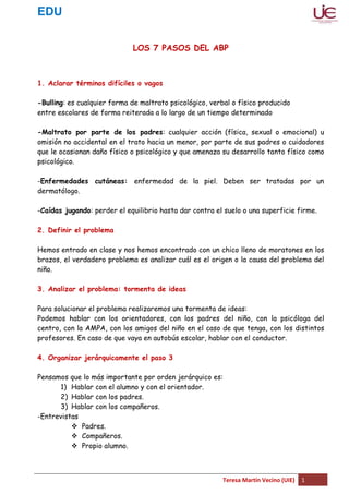 EDU
Teresa Martín Vecino (UIE) 1
LOS 7 PASOS DEL ABP
1. Aclarar términos difíciles o vagos
-Bulling: es cualquier forma de maltrato psicológico, verbal o físico producido
entre escolares de forma reiterada a lo largo de un tiempo determinado
-Maltrato por parte de los padres: cualquier acción (física, sexual o emocional) u
omisión no accidental en el trato hacia un menor, por parte de sus padres o cuidadores
que le ocasionan daño físico o psicológico y que amenaza su desarrollo tanto físico como
psicológico.
-Enfermedades cutáneas: enfermedad de la piel. Deben ser tratadas por un
dermatólogo.
-Caídas jugando: perder el equilibrio hasta dar contra el suelo o una superficie firme.
2. Definir el problema
Hemos entrado en clase y nos hemos encontrado con un chico lleno de moratones en los
brazos, el verdadero problema es analizar cuál es el origen o la causa del problema del
niño.
3. Analizar el problema: tormenta de ideas
Para solucionar el problema realizaremos una tormenta de ideas:
Podemos hablar con los orientadores, con los padres del niño, con la psicóloga del
centro, con la AMPA, con los amigos del niño en el caso de que tenga, con los distintos
profesores. En caso de que vaya en autobús escolar, hablar con el conductor.
4. Organizar jerárquicamente el paso 3
Pensamos que lo más importante por orden jerárquico es:
1) Hablar con el alumno y con el orientador.
2) Hablar con los padres.
3) Hablar con los compañeros.
-Entrevistas
 Padres.
 Compañeros.
 Propio alumno.
 