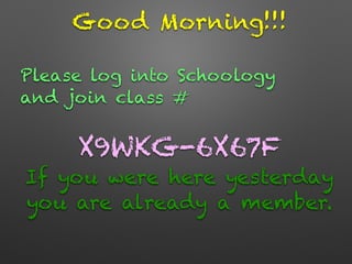 Good Morning!!!
Please log into Schoology
and join class #
X9WKG-6X67F
If you were here yesterday
you are already a member.
 
