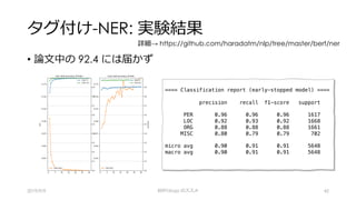 タグ付け-NER: 実験結果
• 論⽂中の 92.4 には届かず
2019/9/9 BERTology のススメ 42
詳細→ https://github.com/haradatm/nlp/tree/master/bert/ner
==== Classification report (early-stopped model) ====
precision recall f1-score support
PER 0.96 0.96 0.96 1617
LOC 0.92 0.93 0.92 1668
ORG 0.88 0.88 0.88 1661
MISC 0.80 0.79 0.79 702
micro avg 0.90 0.91 0.91 5648
macro avg 0.90 0.91 0.91 5648
 