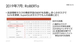 2019年7⽉: RoBERTa
• ⾔語理解タスクの事前学習のBERTを改善し,多くのタスクで
SoTAを更新, SuperGLUEタスクでも⼈の成績に近く
2019/9/9 BERTology のススメ 54
BERTの改善:
(1)動的なマスク
(2)次⽂の予測を削除
(3)⼤きなバッチサイズ
(4) ⾛査回数を増やす
(5)⽂字ではなくバイト
単位のBPEを使⽤
⽂献[12][13]
 