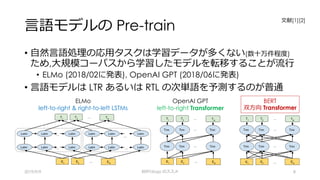 ⾔語モデルの Pre-train
• ⾃然⾔語処理の応⽤タスクは学習データが多くない(数⼗万件程度)
ため,⼤規模コーパスから学習したモデルを転移することが流⾏
• ELMo (2018/02に発表), OpenAI GPT (2018/06に発表)
• ⾔語モデルは LTR あるいは RTL の次単語を予測するのが普通
2019/9/9 BERTology のススメ 8
ELMo
left-to-right & right-to-left LSTMs
OpenAI GPT
left-to-right Transformer
BERT
双⽅向 Transformer
⽂献[1][2]
 