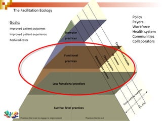 Exemplar practices Functional practices Low Functional practices Survival level practices QI  systems Clinical systems  Administrative systems   Goals: Improved patient outcomes Improved patient experience Reduced costs The Facilitation Ecology Policy Payers Workforce Health system Communities Collaborators Connections to Outside Practices that want to engage in improvement  Practices that do not Cross cutting systems  IT, etc 