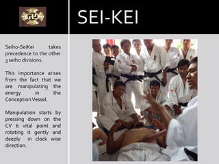 Seiho-SeiKei takes
precedence to the other
3 seiho divisions.
This importance arises
from the fact that we
are manipulating the
energy in the
ConceptionVessel.
Manipulation starts by
pressing down on the
CV 6 vital point and
rotating it gently and
deeply in clock wise
direction.
SEI-KEI
 