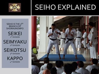 SEIHO ISTHE 3RD
BRANCHOF
SHORINJIKEMPO
SEIKEI1ST DIVISION
SEIMYAKU2ND DIVISION
SEIKOTSU3RD DIVISION
KAPPO4TH DIVISION
SEIHO EXPLAINED
 