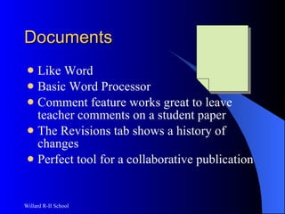 Documents Like Word  Basic Word Processor Comment feature works great to leave teacher comments on a student paper The Revisions tab shows a history of changes Perfect tool for a collaborative publication 
