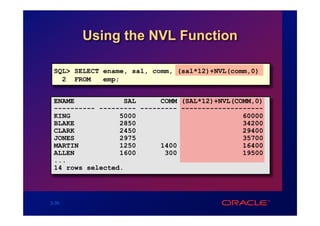 Using the NVL Function

 SQL> SELECT ename, sal, comm, (sal*12)+NVL(comm,0)
   2 FROM    emp;


 ENAME            SAL      COMM (SAL*12)+NVL(COMM,0)
 ---------- --------- --------- --------------------
 KING            5000                          60000
 BLAKE           2850                          34200
 CLARK           2450                          29400
 JONES           2975                          35700
 MARTIN          1250      1400                16400
 ALLEN           1600       300                19500
 ...
 14 rows selected.




3-35
 