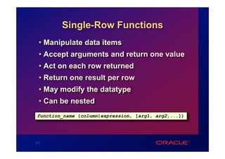 Single-Row Functions
  • Manipulate data items
  • Accept arguments and return one value
  • Act on each row returned
  • Return one result per row
  • May modify the datatype
  • Can be nested
 function_name (column|expression, [arg1, arg2,...])




3-5
 