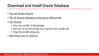 Môn học Các hệ quản trị CSDL – Nguyễn Thanh Trung, Khoa CNTT, HUFLIT 6
Download and Install Oracle Database
• Tạo tài khoản Oracle
• Tải về Oracle Database Enterprise Edition19c
• Cài Oracle:
• Thư mục cài đặt: D:OracleApp
• Giải nén và lưu file cài đặt vào cùng thư mục cài đặt này
• Chạy file cài đặt Setup.exe
• Mở khóa cho hr schema
 