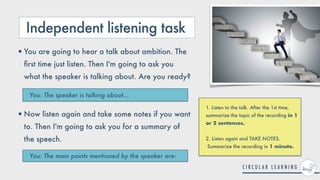 Independent listening task
1. Listen to the talk. After the 1st time,
summarize the topic of the recording in 1
or 2 sentences.
 
2. Listen again and TAKE NOTES.
 
Summarize the recording in 1 minute.
You: The main points mentioned by the speaker are:
•You are going to hear a talk about ambition. The
fi
rst time just listen. Then I'm going to ask you
what the speaker is talking about. Are you ready?
 
 
•Now listen again and take some notes if you want
to. Then I'm going to ask you for a summary of
the speech.
You: The speaker is talking about...
8 min
 