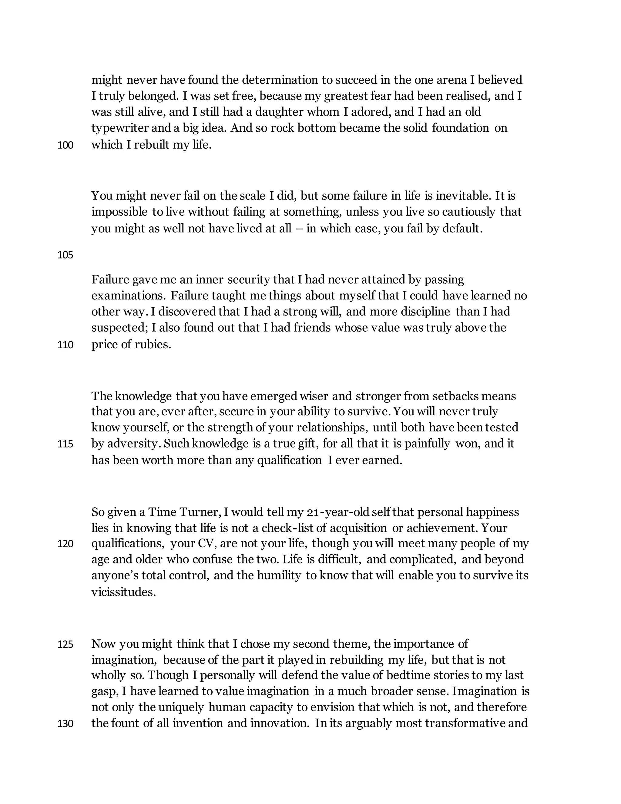 might never have found the determination to succeed in the one arena I believed
I truly belonged. I was set free, because my greatest fear had been realised, and I
was still alive, and I still had a daughter whom I adored, and I had an old
typewriter and a big idea. And so rock bottom became the solid foundation on
which I rebuilt my life.100
You might never fail on the scale I did, but some failure in life is inevitable. It is
impossible to live without failing at something, unless you live so cautiously that
you might as well not have lived at all – in which case, you fail by default.
105
Failure gave me an inner security that I had never attained by passing
examinations. Failure taught me things about myself that I could have learned no
other way. I discovered that I had a strong will, and more discipline than I had
suspected; I also found out that I had friends whose value was truly above the
price of rubies.110
The knowledge that you have emerged wiser and stronger from setbacks means
that you are, ever after, secure in your ability to survive. You will never truly
know yourself, or the strength of your relationships, until both have been tested
by adversity. Such knowledge is a true gift, for all that it is painfully won, and it115
has been worth more than any qualification I ever earned.
So given a Time Turner, I would tell my 21-year-old self that personal happiness
lies in knowing that life is not a check-list of acquisition or achievement. Your
qualifications, your CV, are not your life, though you will meet many people of my120
age and older who confuse the two. Life is difficult, and complicated, and beyond
anyone’s total control, and the humility to know that will enable you to survive its
vicissitudes.
Now you might think that I chose my second theme, the importance of125
imagination, because of the part it played in rebuilding my life, but that is not
wholly so. Though I personally will defend the value of bedtime stories to my last
gasp, I have learned to value imagination in a much broader sense. Imagination is
not only the uniquely human capacity to envision that which is not, and therefore
the fount of all invention and innovation. In its arguably most transformative and130
 