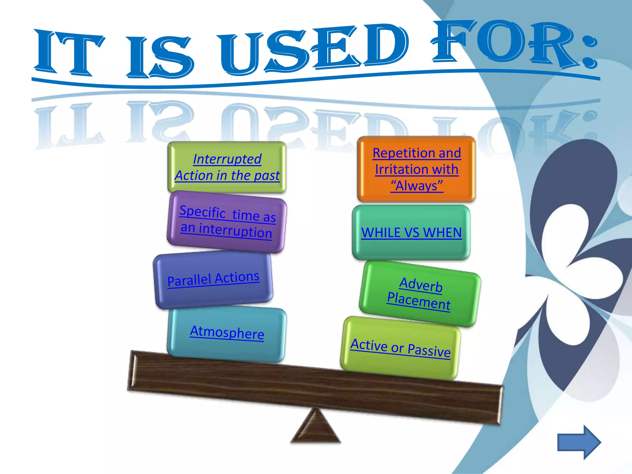 Interrupted
Action in the past
Repetition and
Irritation with
“Always”
WHILE VS WHEN
 