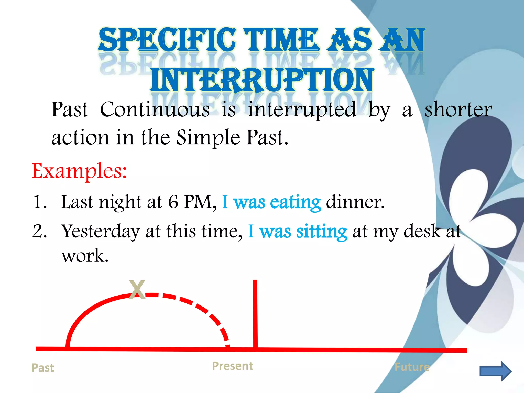 Specific Time As An
Interruption
Past Continuous is interrupted by a shorter
action in the Simple Past.
Examples:
1. Last night at 6 PM, I was eating dinner.
2. Yesterday at this time, I was sitting at my desk at
work.
Past Present Future
X
 