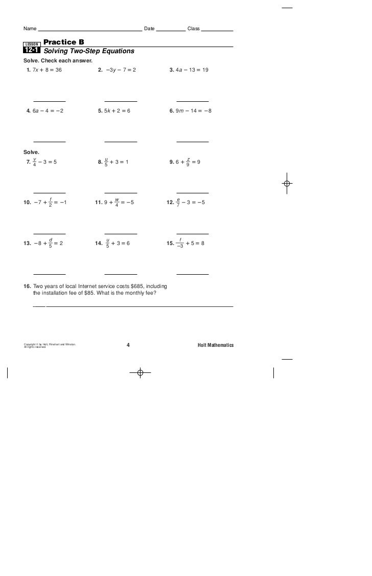 Worksheets Solving Two Step Equations Worksheet Answers practice b 2 step equations msm07g7 resbk ch12 003 010 pe 12906