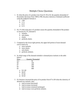 Mcqs Of Elasticity Of Demand And Supply